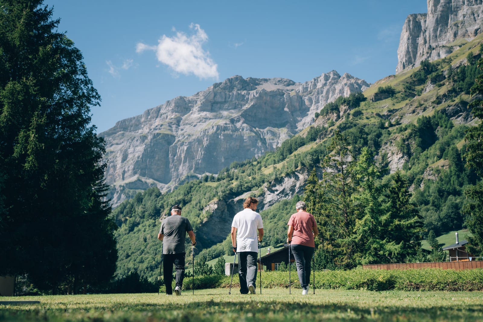Drei Personen gehen, von hinten gesehen, mit Walkingstöcken über die Wiese auf die Felswände zu